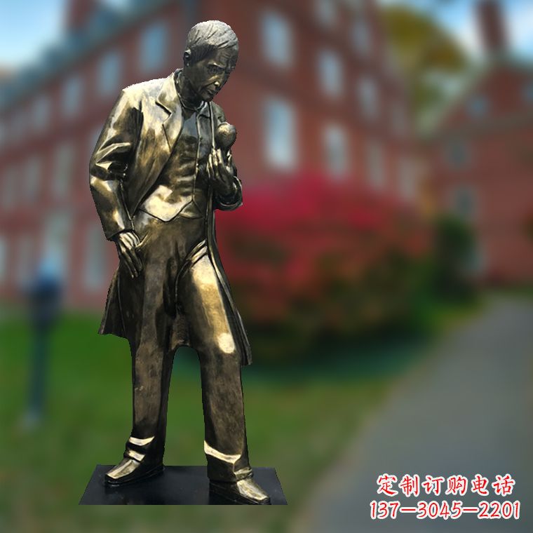 河南爱迪生与灯泡-玻璃钢仿铜校园名人全身雕塑