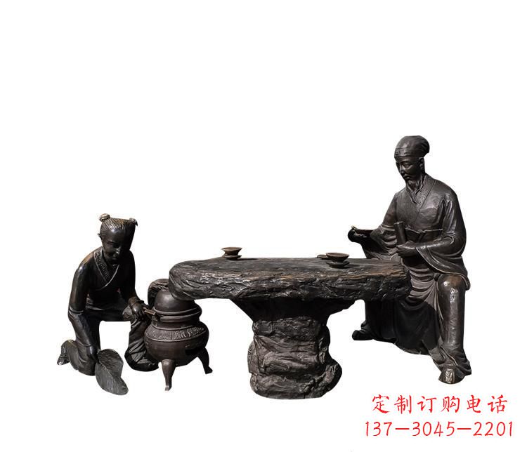 河南熬中药的儿童和老中医铜雕