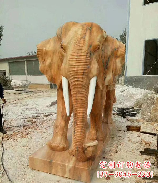 河南鼻卷如意晚霞红招财大象石雕