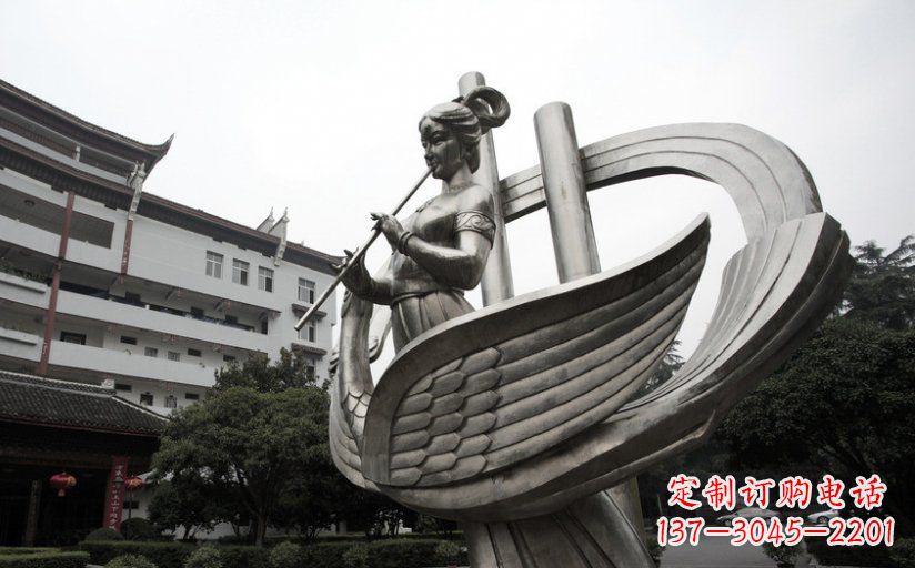 河南古典美女不锈钢吹笛子雕塑