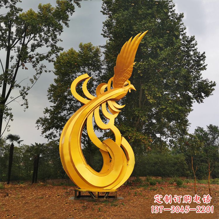 河南不锈钢凤凰雕塑黄金色园林之美
