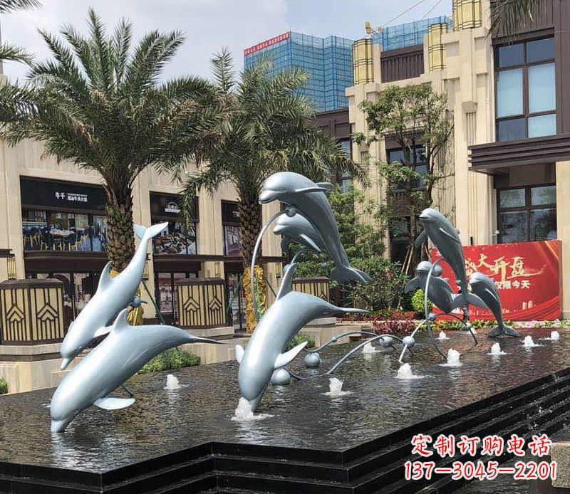 河南不锈钢海豚跳跃喷泉雕塑美丽的艺术装置