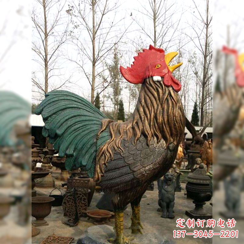 河南彩绘铜雕公鸡生肖动物雕塑