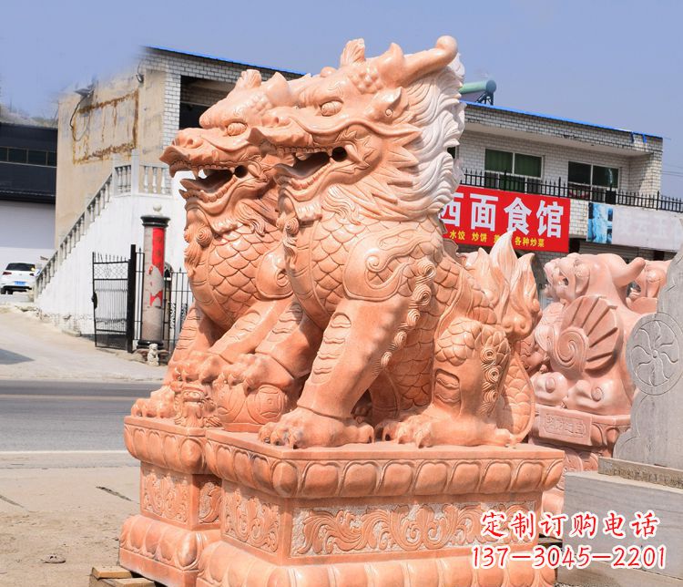 河南踩球晚霞红麒麟门口镇宅石雕 (3)