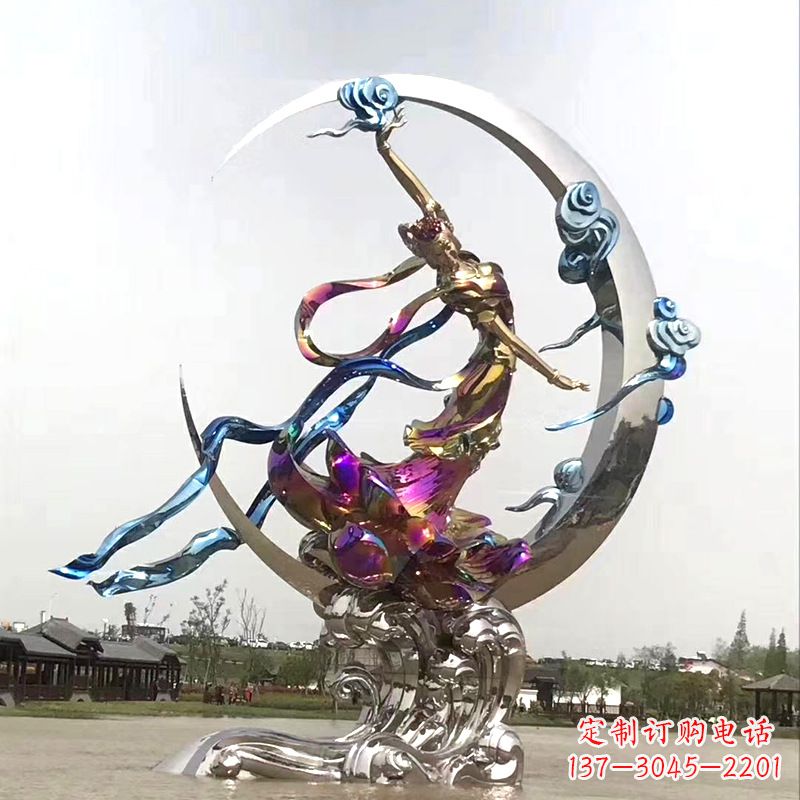河南嫦娥奔月不锈钢雕塑-中国上古神话人物广场景观雕塑