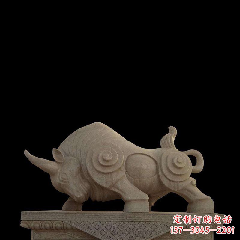 河南抽象牛砂岩雕塑-生肖动物石雕摆件