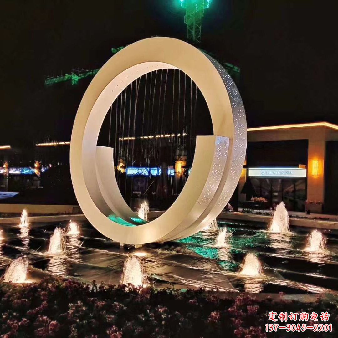 河南创意环状景观雕塑不锈钢灯光喷泉