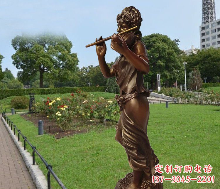 河南吹笛子的美女城市花园景观玻璃钢仿铜雕塑
