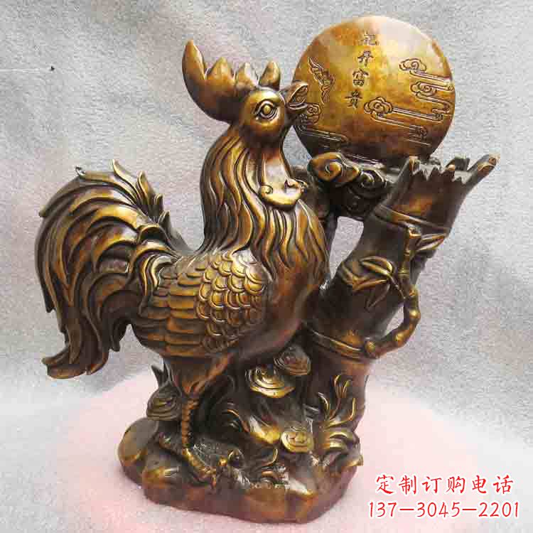 河南纯铜公鸡雕塑-花开富贵生肖动物摆件