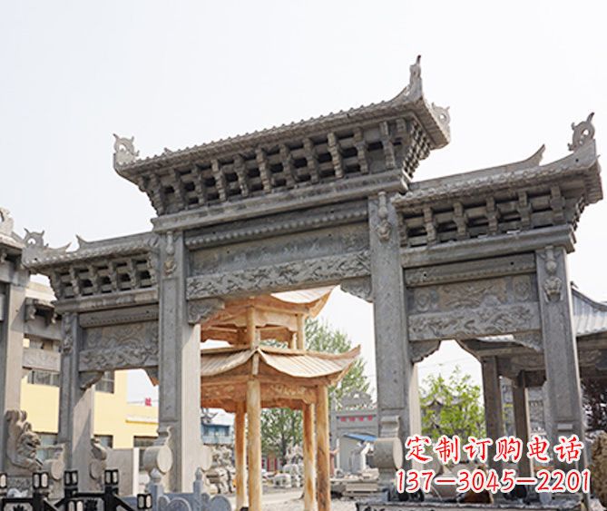 河南村庄大理石三门牌坊石雕 (5)