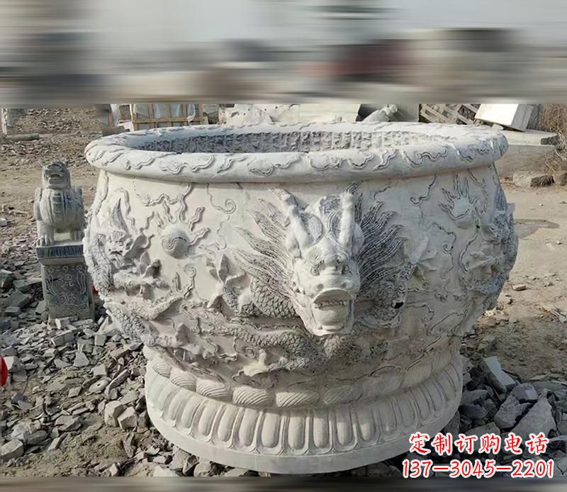 河南大理石龙浮雕水缸