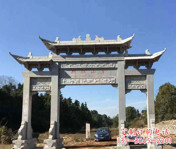 河南大理石三门牌坊石雕 (2)