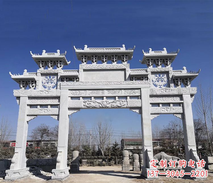 河南大理石三门五楼牌坊石雕