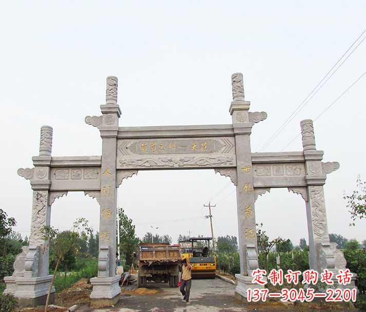 河南大理石三门石牌坊石雕