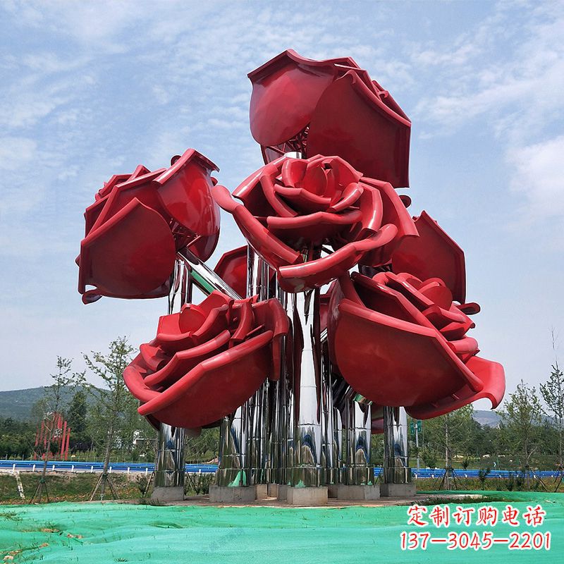 河南大型景区园林不锈钢玫瑰花景观雕塑