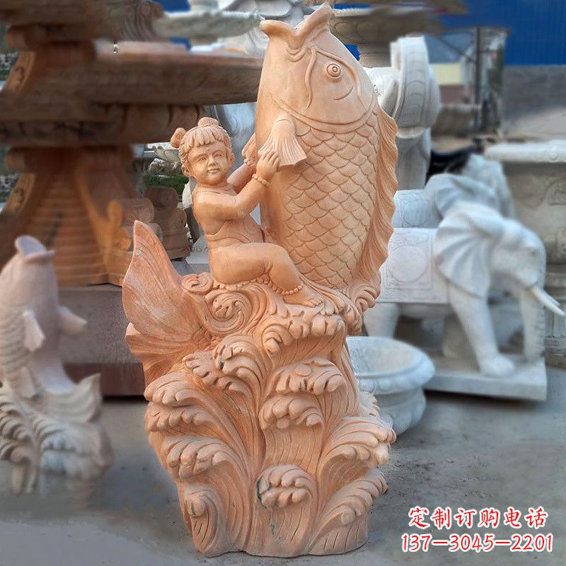 河南大型喷水鲤鱼景观雕塑-晚霞红石雕动物喷泉