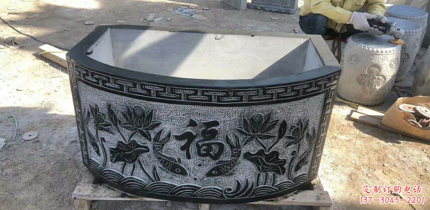 河南精致方口石浮雕水缸雕塑