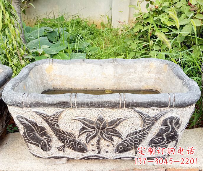 河南精美方形荷花鲤鱼石雕塑