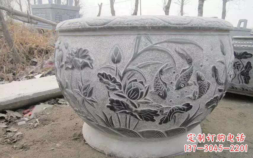 河南仿古雕刻鲤鱼石浮雕水缸