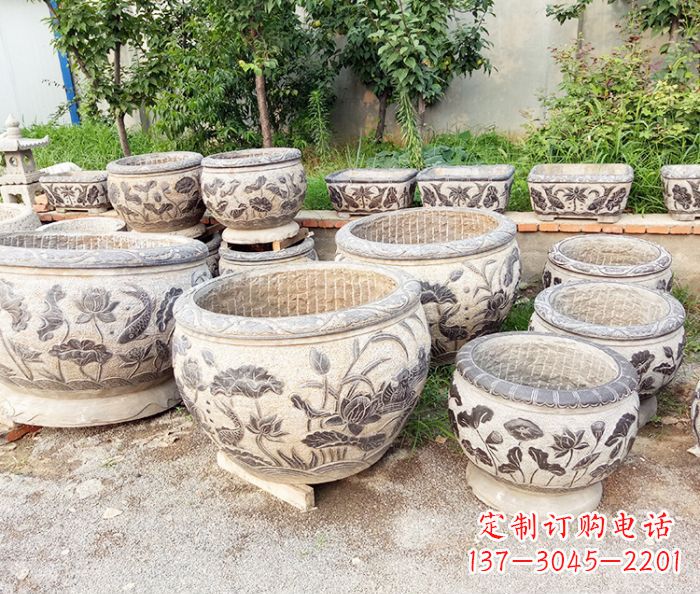 河南仿古石雕鲤鱼浮雕水缸