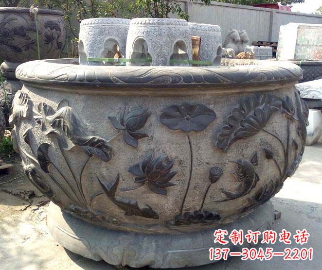 河南精美仿古荷花鲤鱼浮雕石水缸