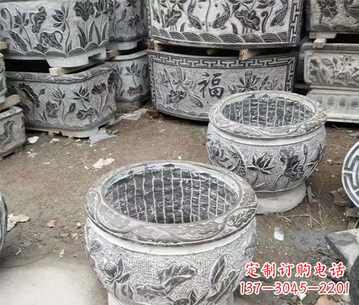 河南仿古荷花石浮雕水缸塑像
