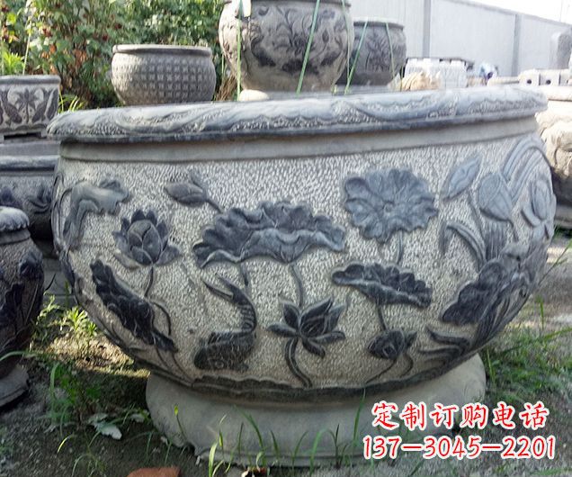 河南中领雕塑仿古荷花石浮雕水缸