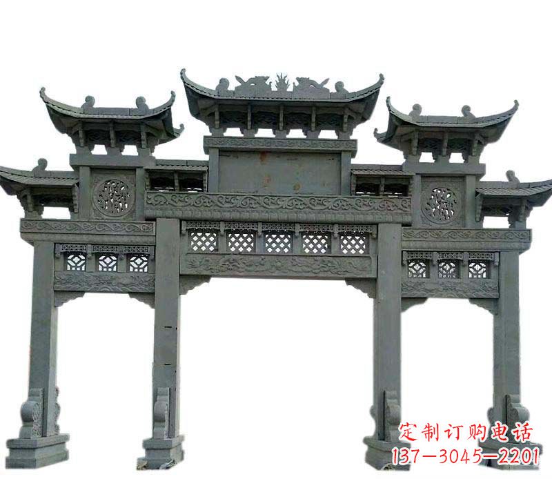 河南仿古三门大理石牌坊石雕