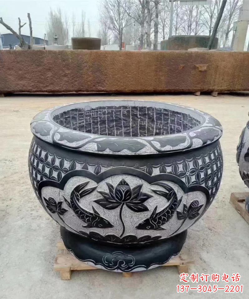河南仿古石雕荷花鲤鱼水缸