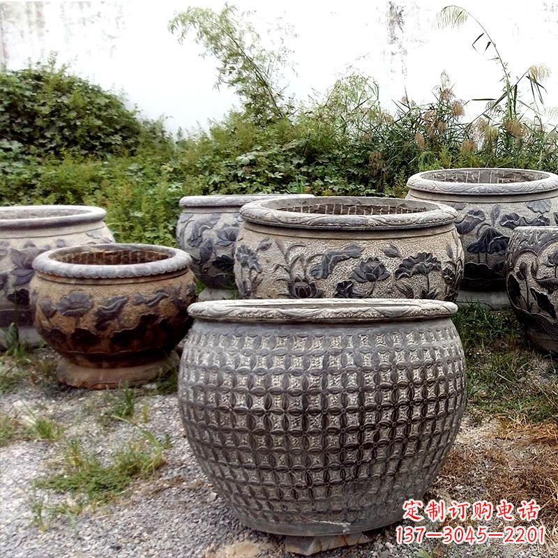 河南仿古石雕花盆水缸——精美艺术家品