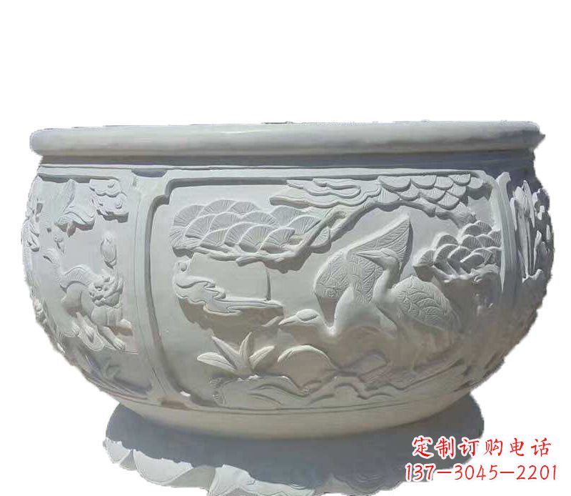 河南仿古鱼缸石雕花盆摆件