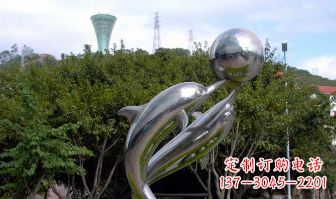 河南高贵静谧的不锈钢海豚顶球雕塑
