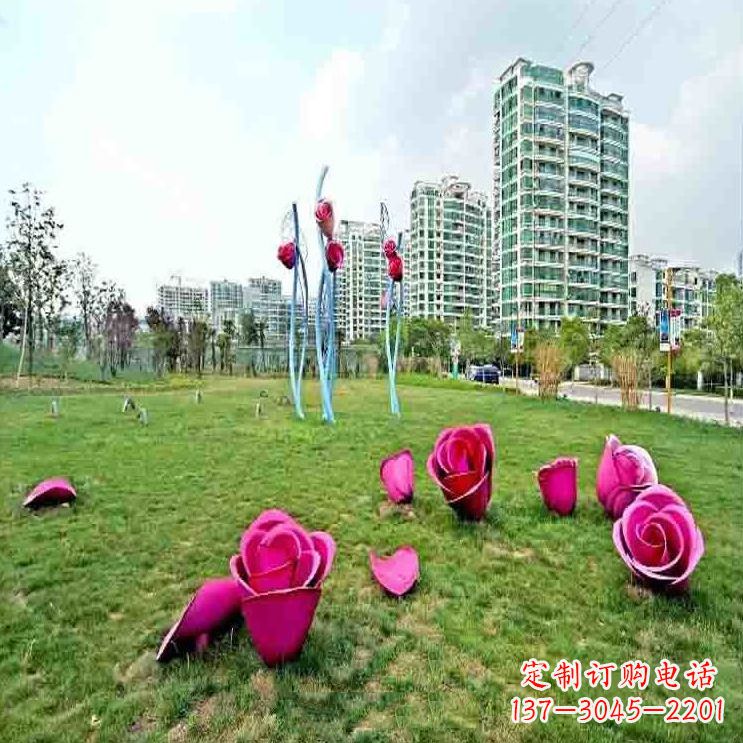 河南公园草坪不锈钢玫瑰装饰花朵雕塑