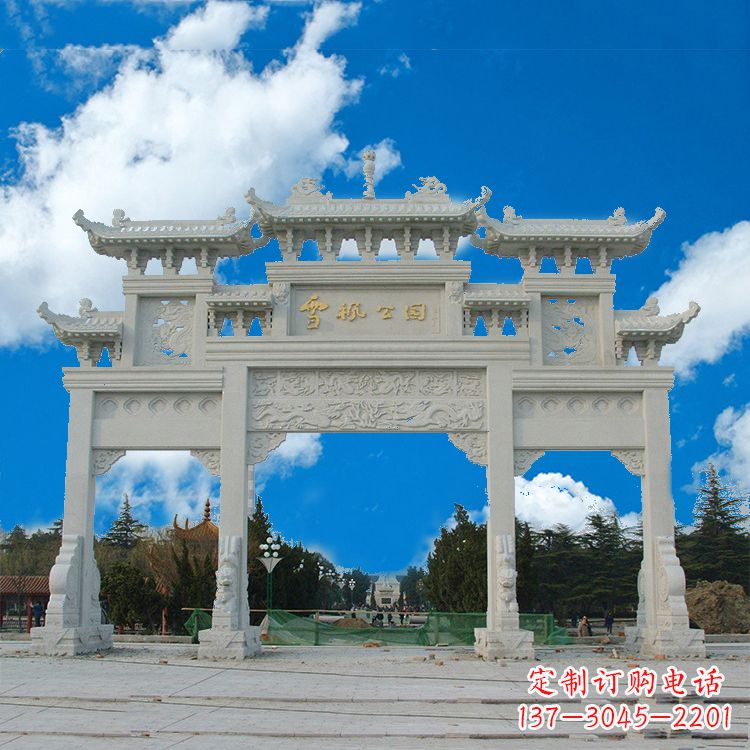 河南传承历史的精美汉白玉三门牌楼雕塑