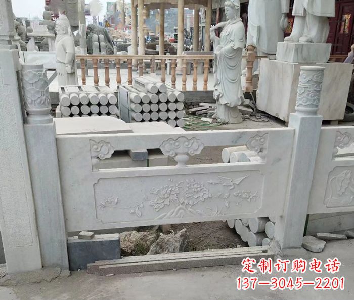 河南汉白玉牡丹花浮雕石栏板雕塑
