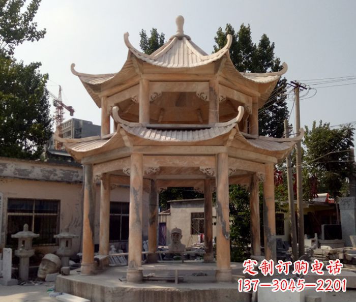 河南公园景观晚霞红双层石雕凉亭