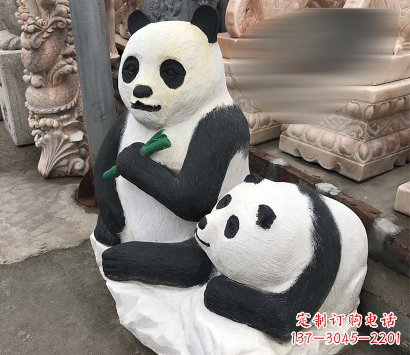 河南领雕塑——公园母子熊猫石雕