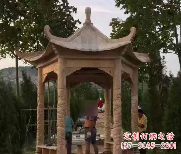 河南公园晚霞红六角石雕凉亭 (9)