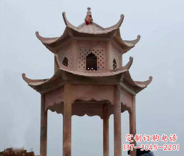 河南公园晚霞红双层六角石雕凉亭
