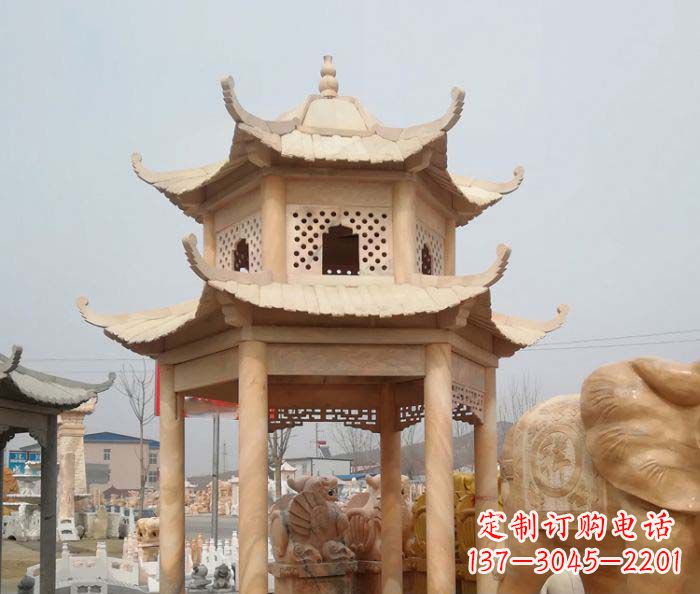 河南公园晚霞红双层六角石雕凉亭 (2)