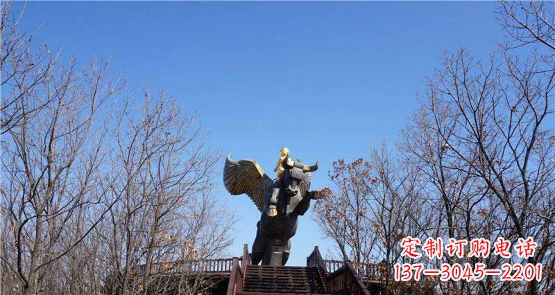 河南公园站在飞牛上的小男孩景观铜雕