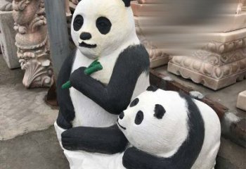 河南领雕塑——公园母子熊猫石雕