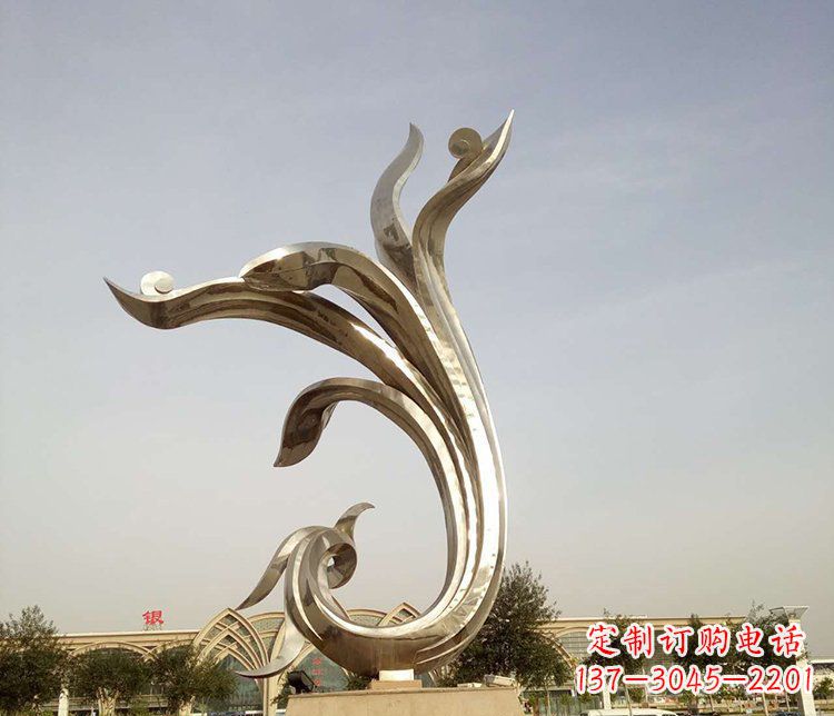河南中国传统图案雕刻定制——高端不锈钢抽象金凤凰雕塑