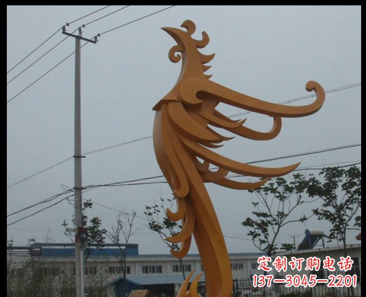 河南新中式风格不锈钢金色凤凰雕塑
