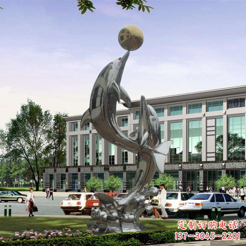 河南不锈钢海豚戏球雕塑,营造清新海岸风情