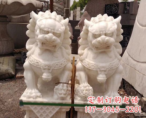 河南汉白玉踩绣球狮子石雕_2