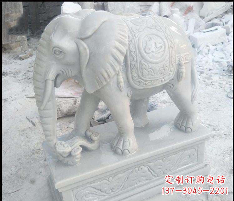 河南精美汉白玉吉祥鼻卷如意大象雕塑