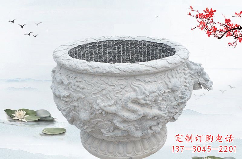 河南汉白玉龙浮雕水缸,传承传统经典