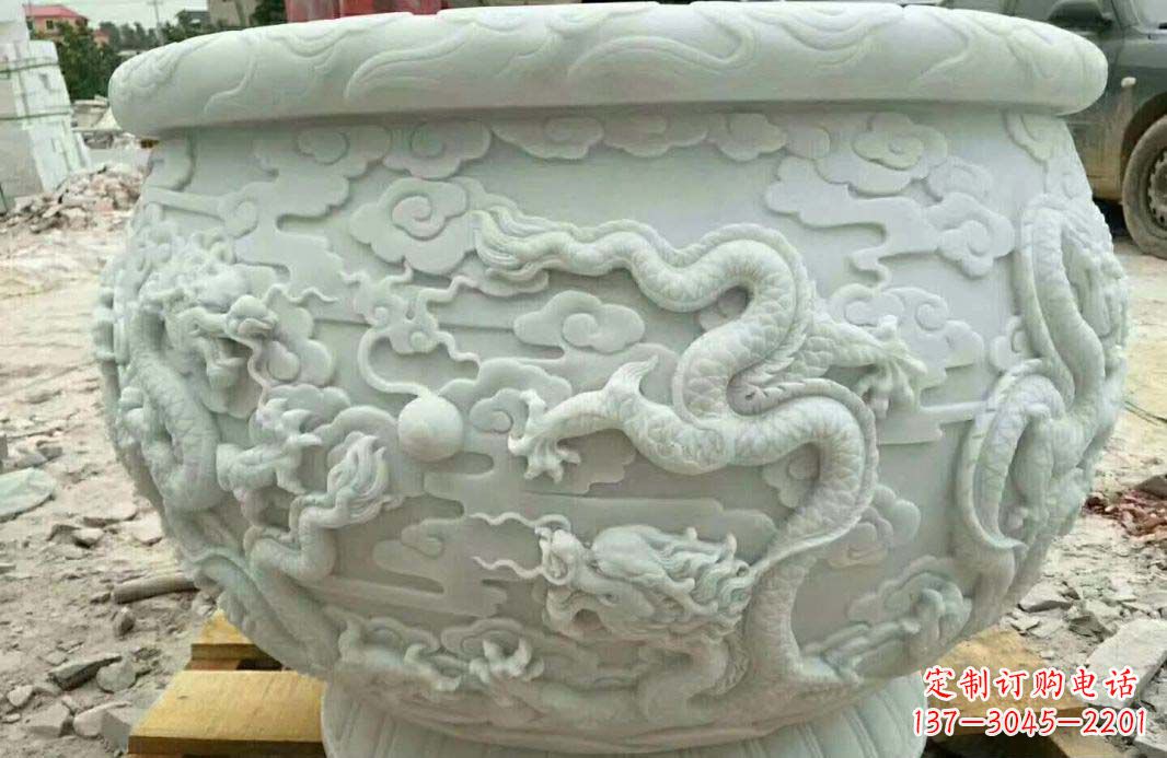 河南汉白玉龙浮雕水缸雕塑