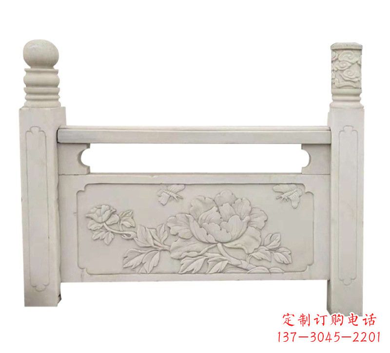 河南汉白玉牡丹花浮雕栏板,雕塑定制精品
